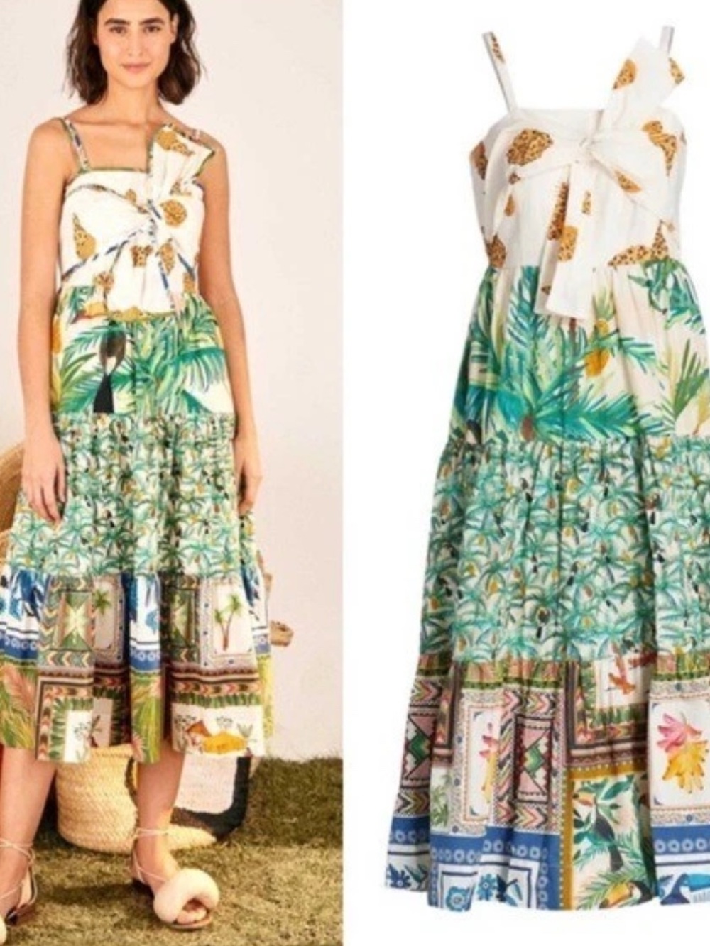 Farm Rio Mixed Tropical Print Midi Dress Bow Top Animal Size Small
